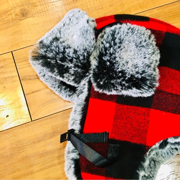 Flannel faux fur grey red plaid aviator winter hat small camping hunting main image 7